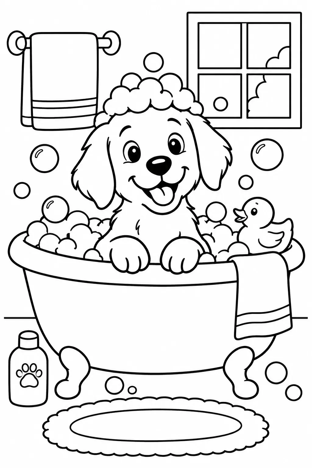A dog taking a bubble bath coloring page