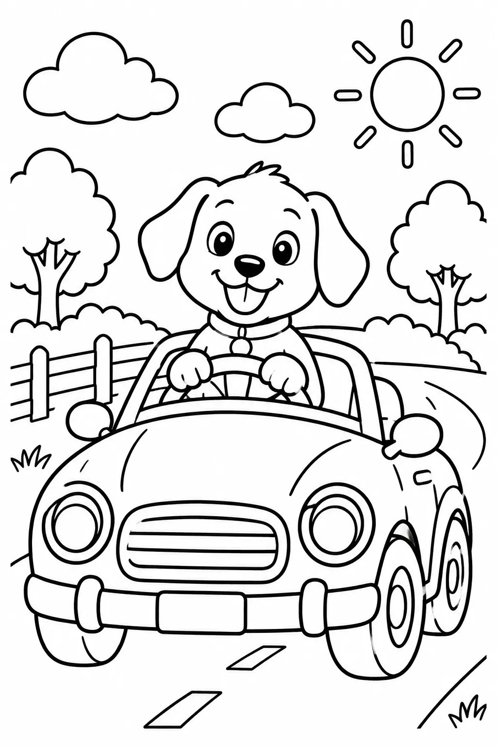A dog driving a little red car coloring page