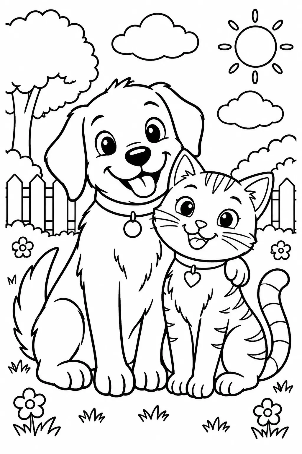 A dog and a cat best friends coloring page