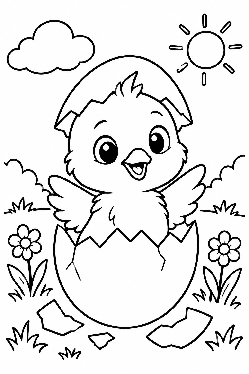 A baby chick hatching from an egg coloring page