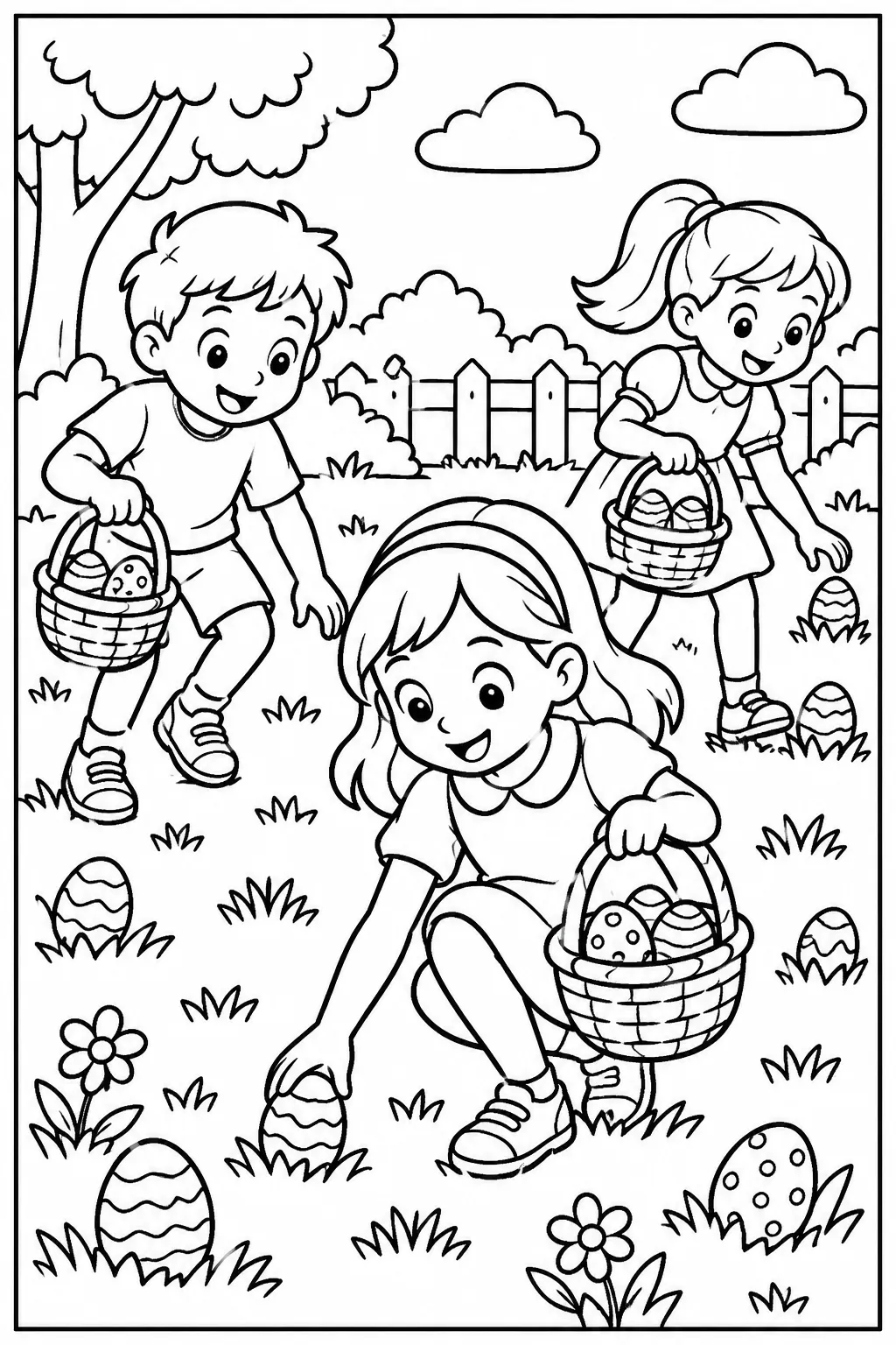 Kids on an Easter egg hunt coloring page