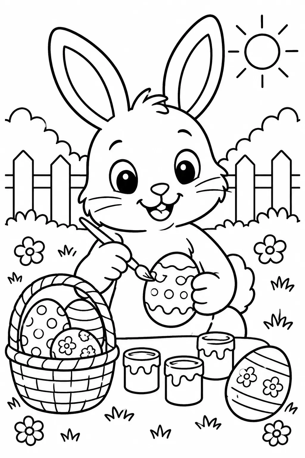 A bunny painting Easter eggs coloring page