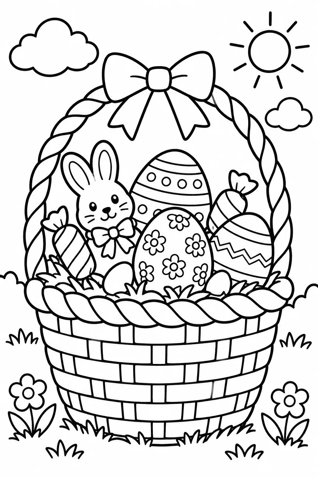 An Easter basket with candy and eggs coloring page