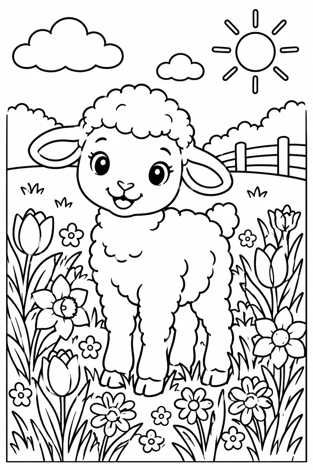 A lamb in a field of spring flowers coloring page