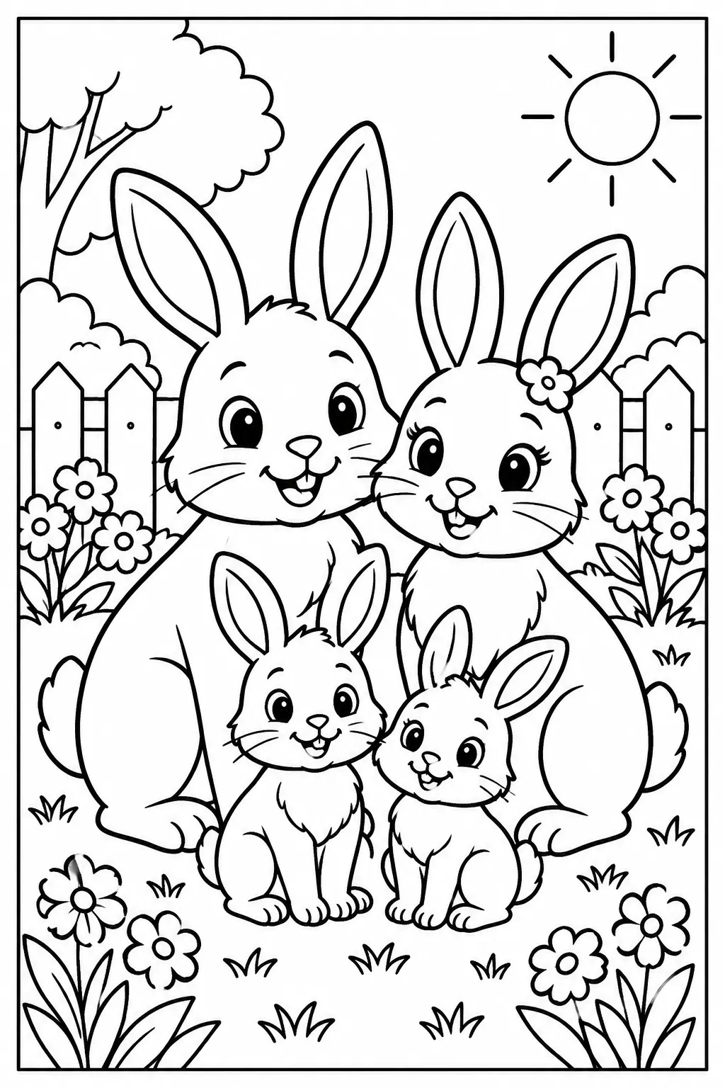 A bunny family in a garden coloring page