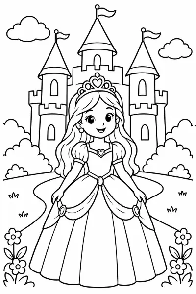 A princess in front of a castle coloring page