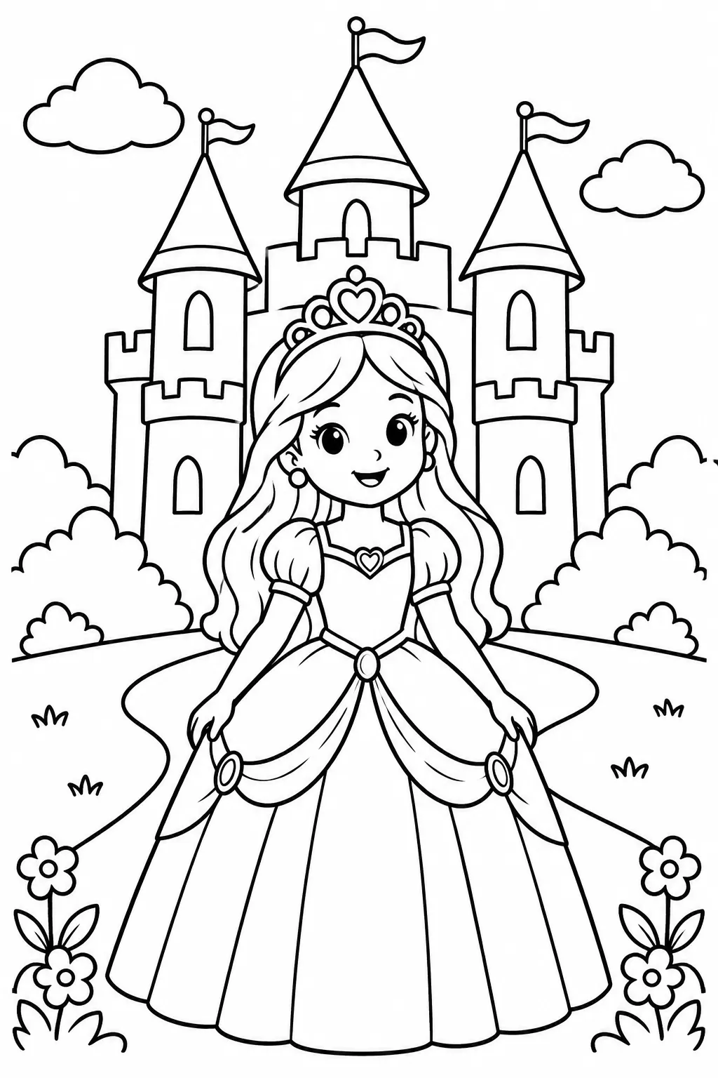 A princess in front of a castle coloring page