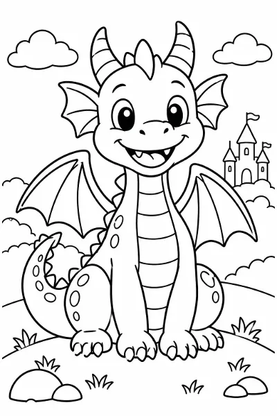 A friendly dragon sitting on a hill coloring page