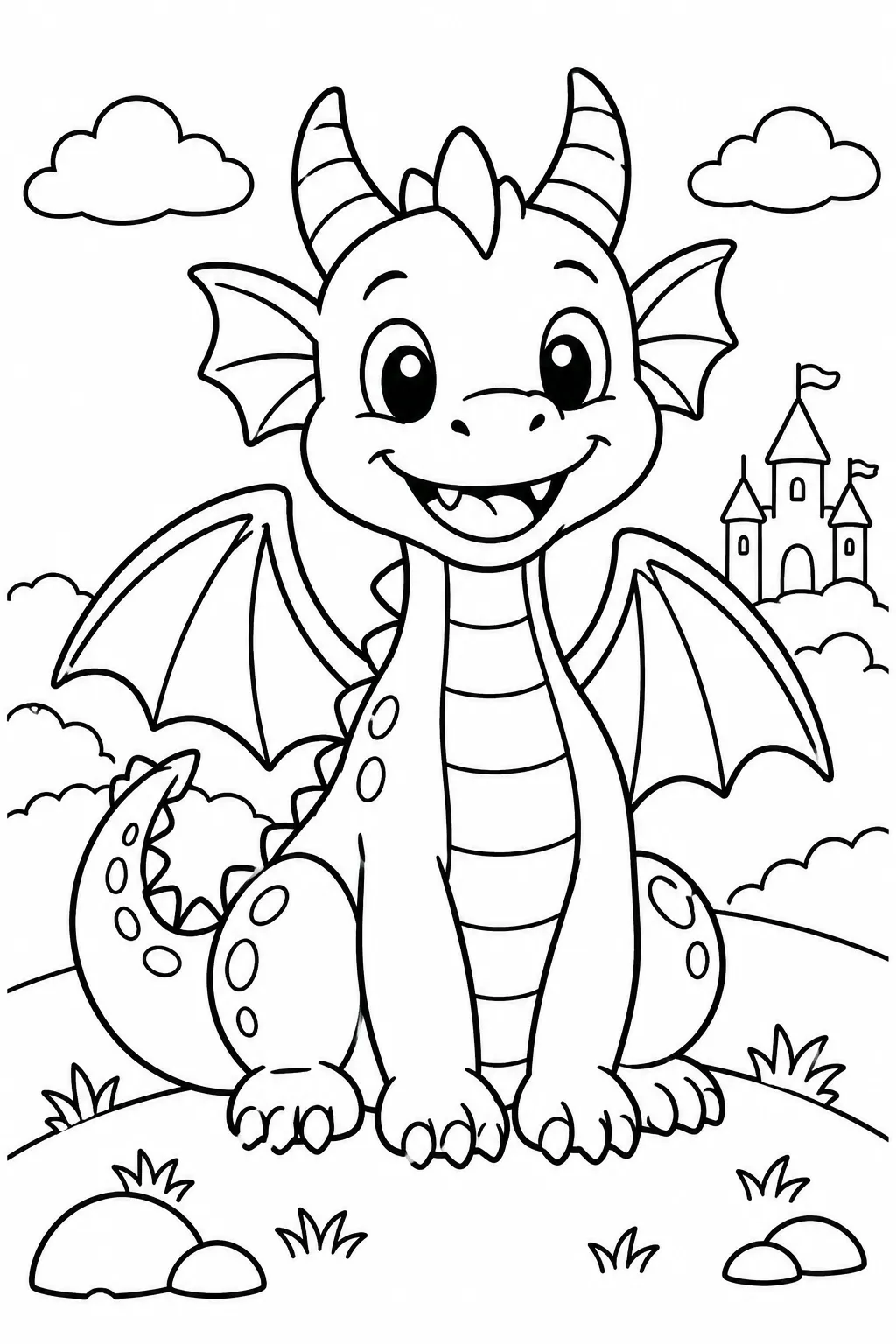 A friendly dragon sitting on a hill coloring page