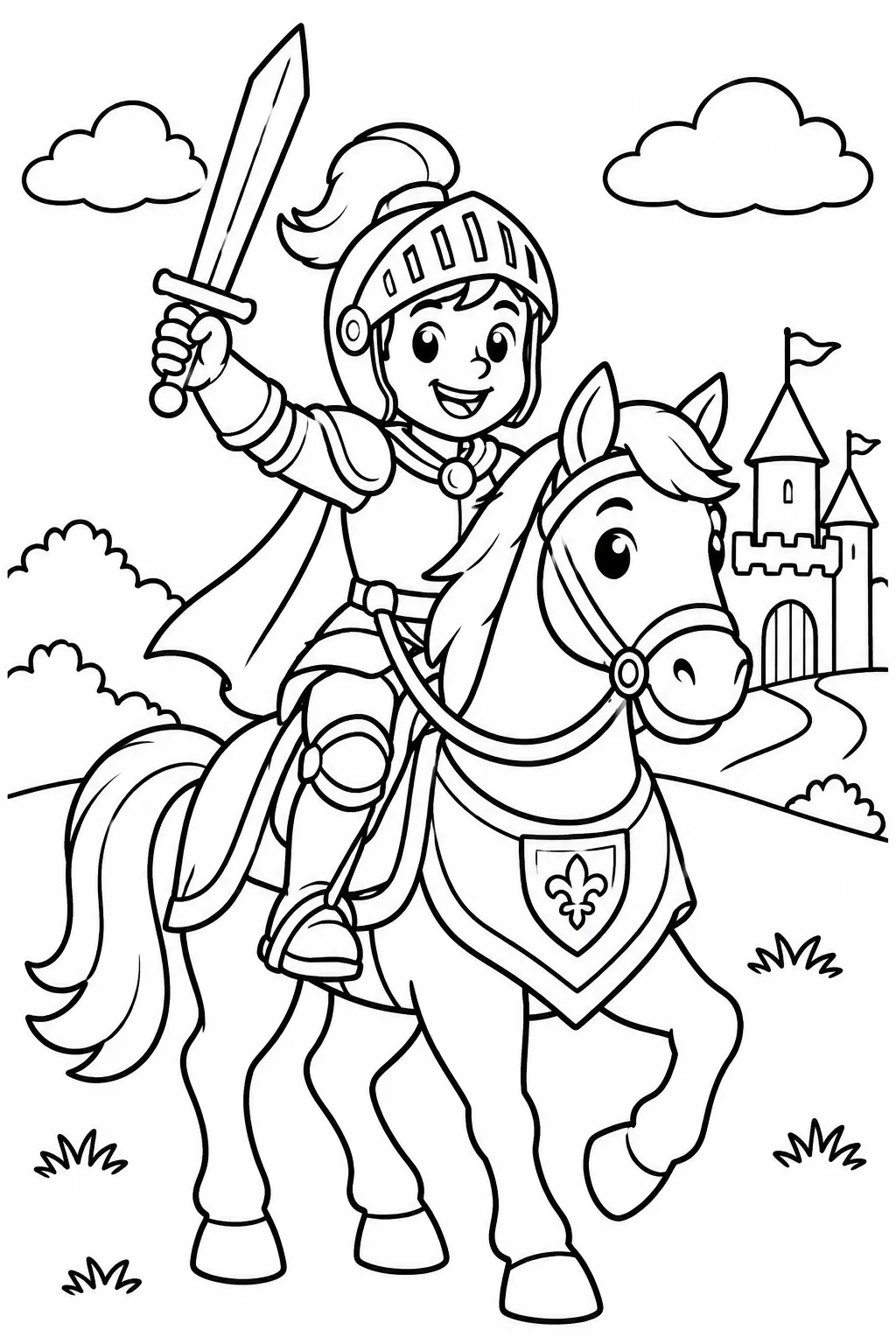 A brave knight on a horse coloring page
