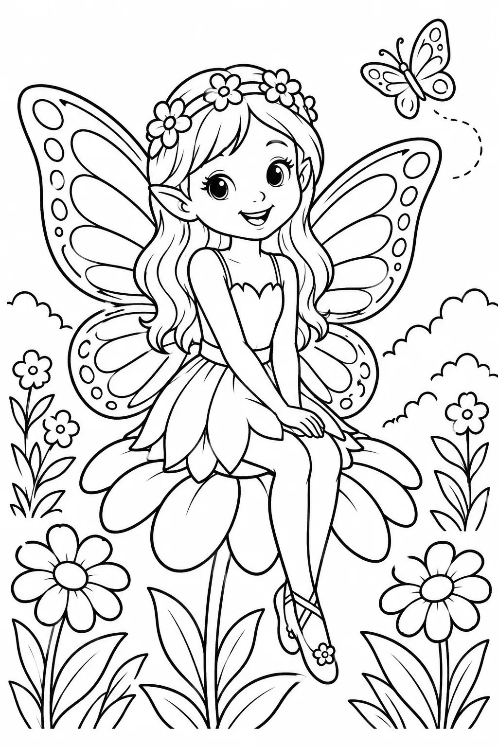A fairy with butterfly wings in a garden coloring page