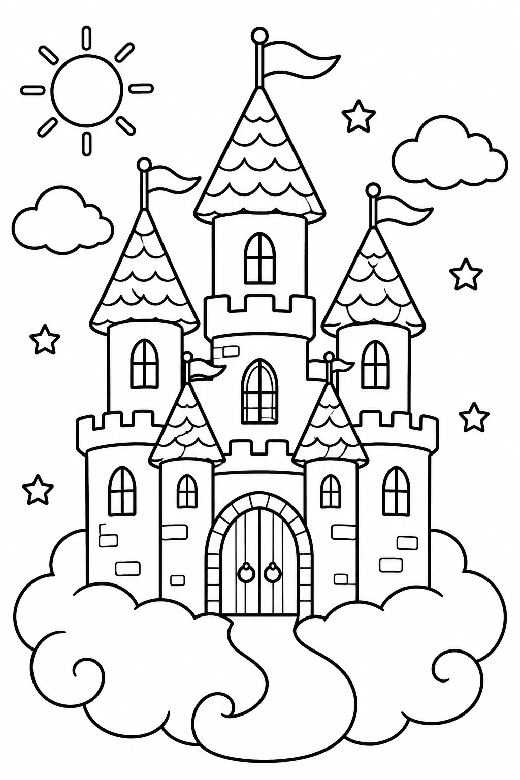 A magic castle on a cloud coloring page