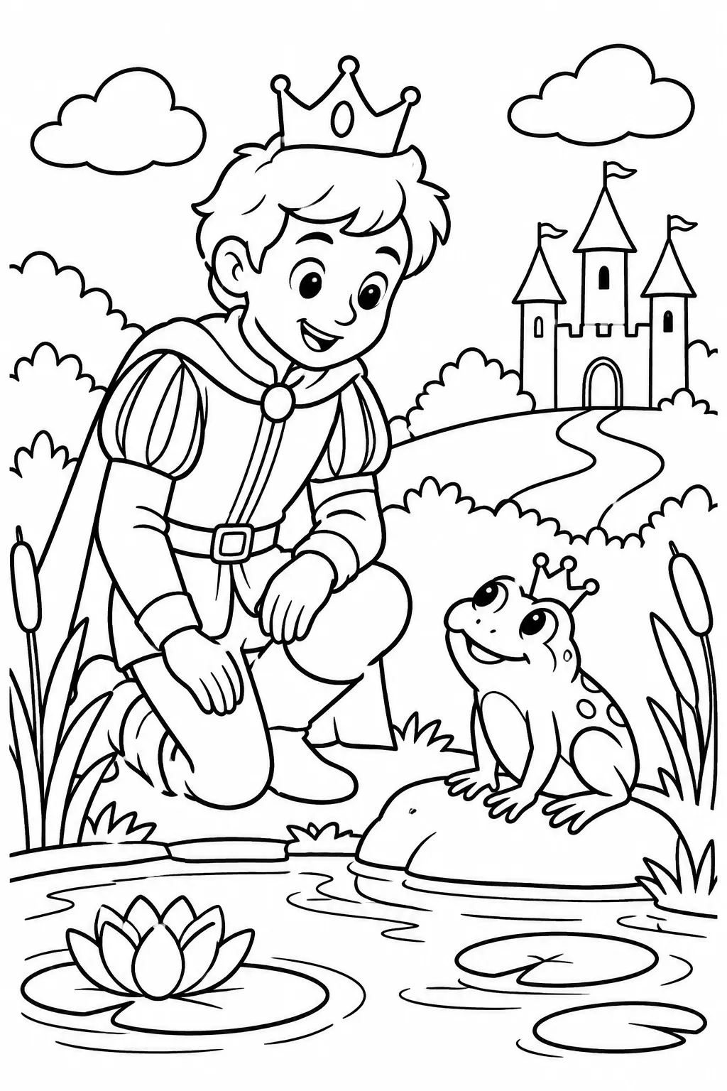 A prince and a frog by a pond coloring page