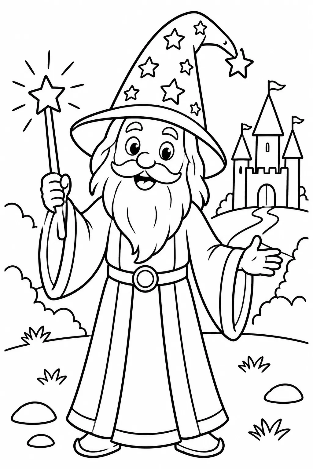 A wizard with a star hat and a wand coloring page