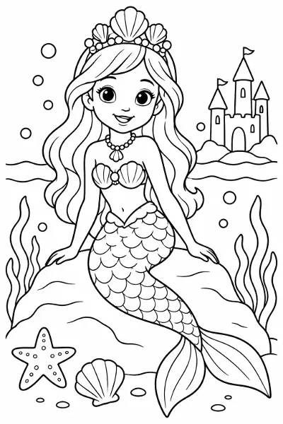 A mermaid princess with a seashell crown coloring page