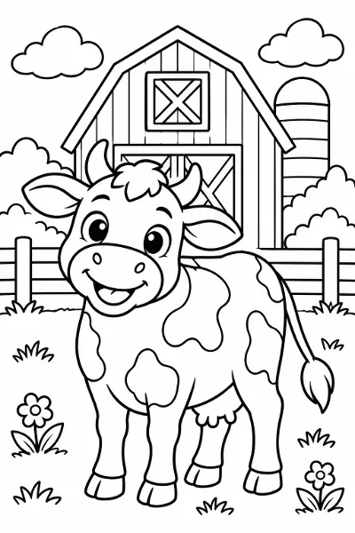 A happy cow in front of a red barn coloring page