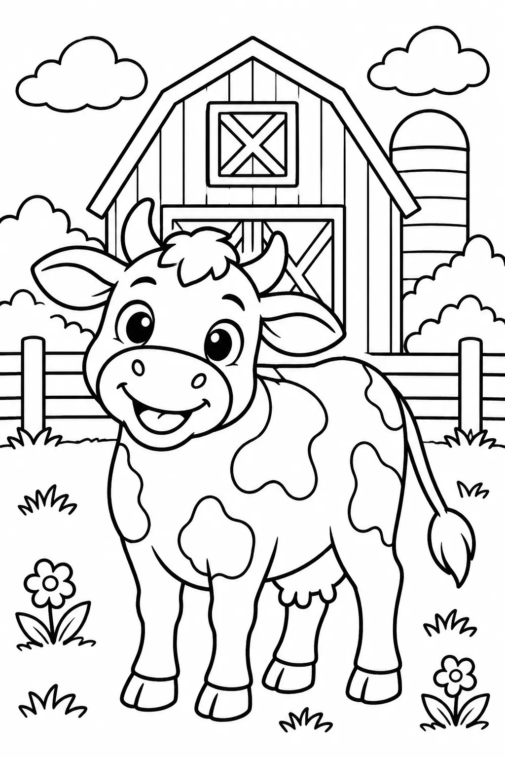 A happy cow in front of a red barn coloring page