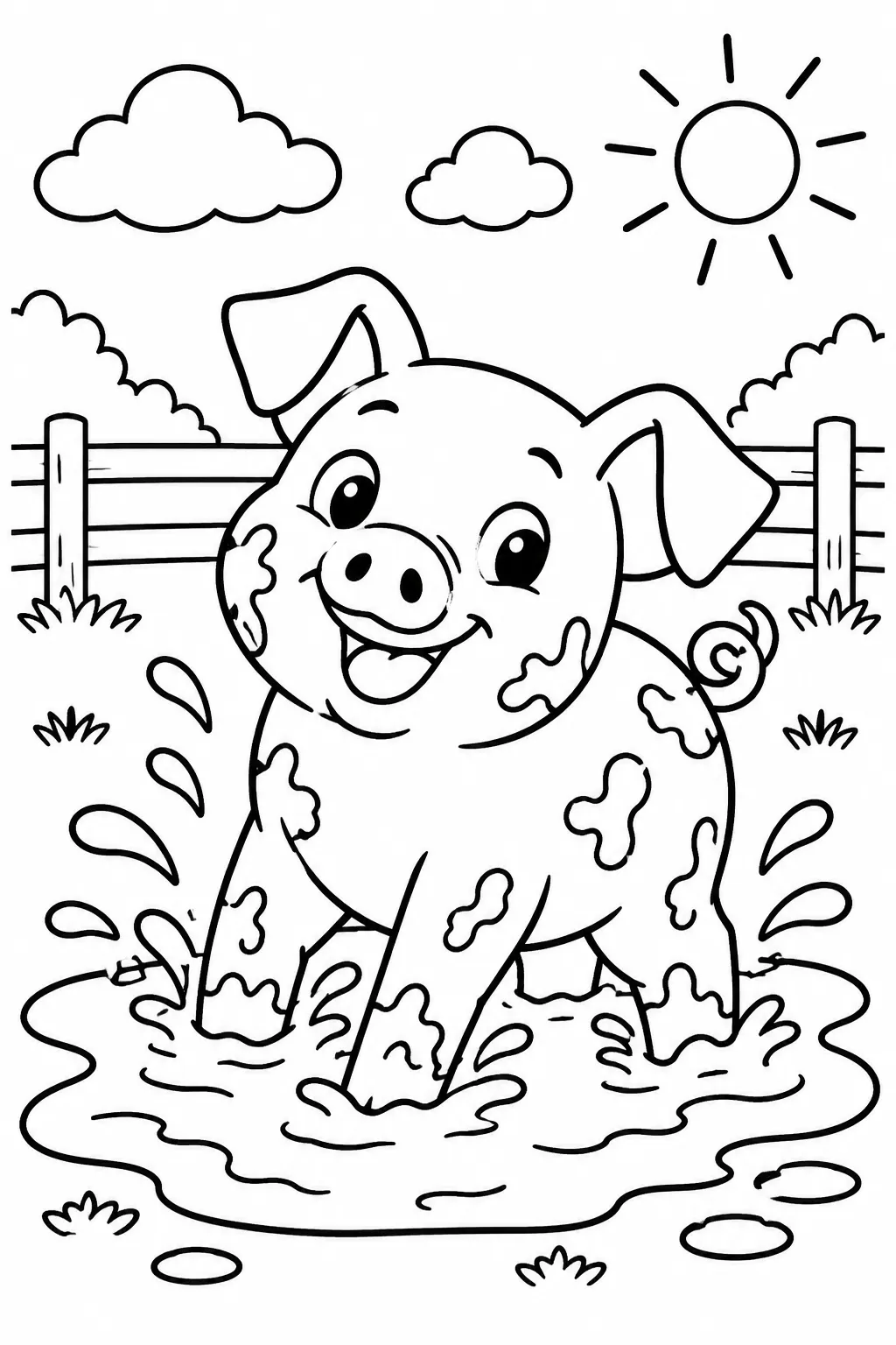 A pig playing in a mud puddle coloring page