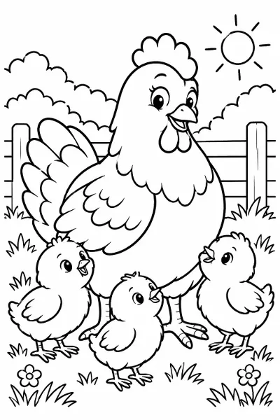 A hen with her baby chicks coloring page