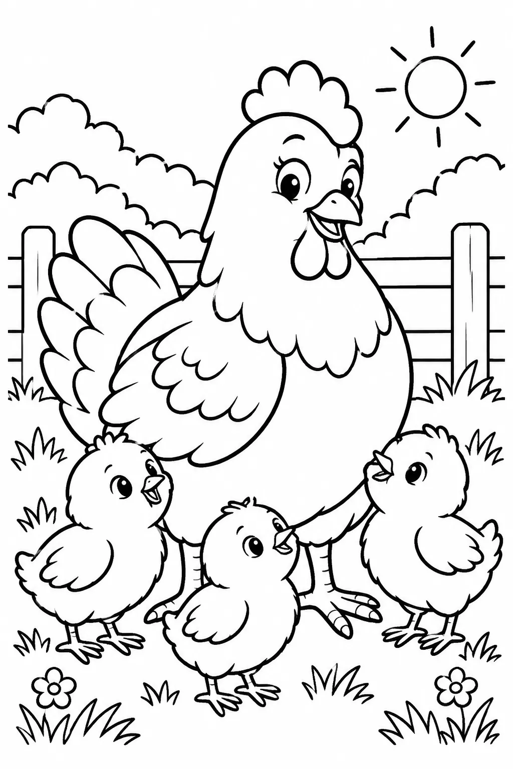 A hen with her baby chicks coloring page