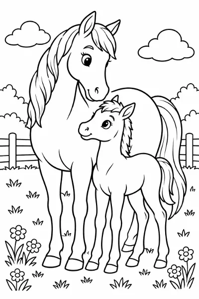 A horse and a foal in a meadow coloring page