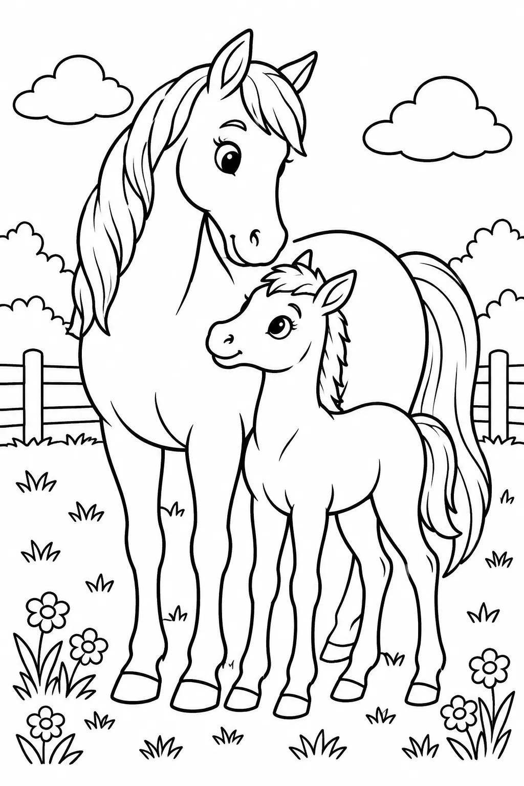 A horse and a foal in a meadow coloring page