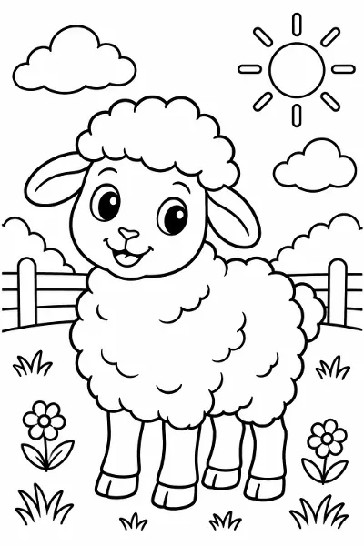 A sheep with fluffy wool coloring page