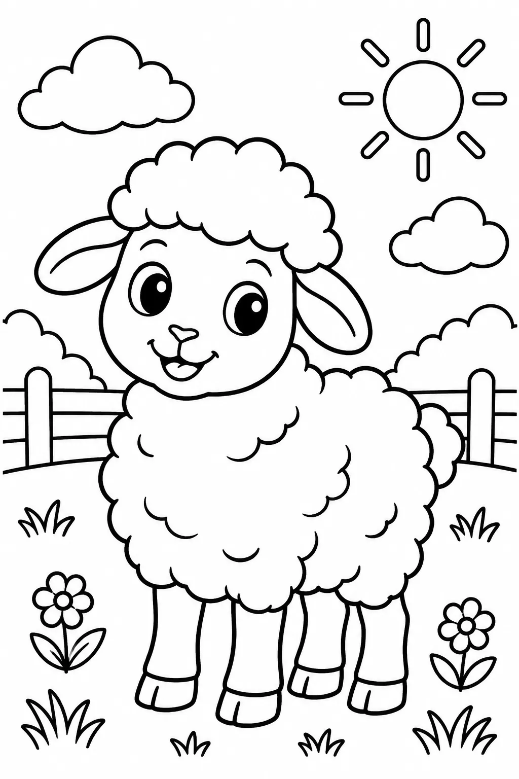 A sheep with fluffy wool coloring page