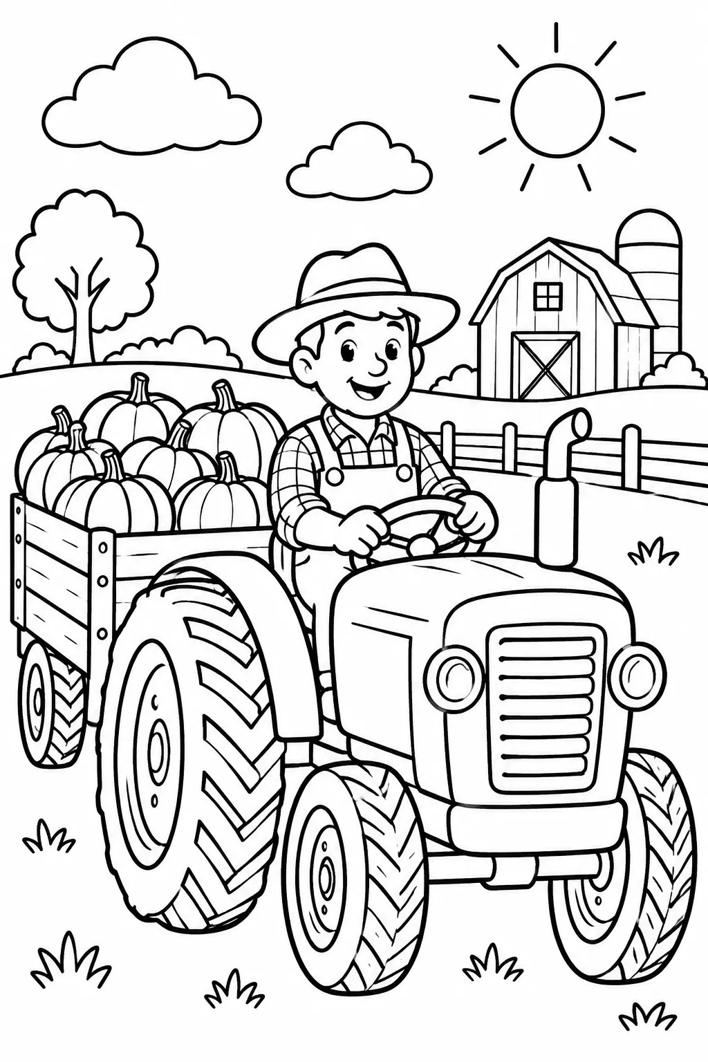 A farmer driving a tractor full of pumpkins coloring page