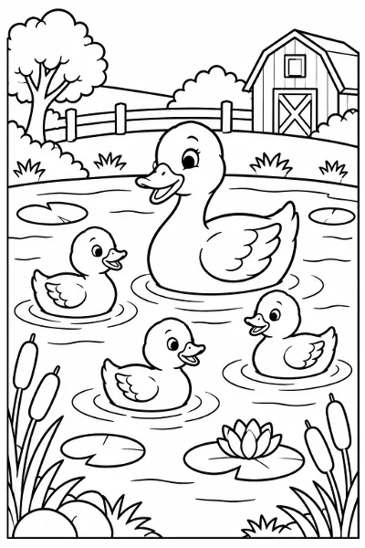 Ducks swimming in a farm pond coloring page