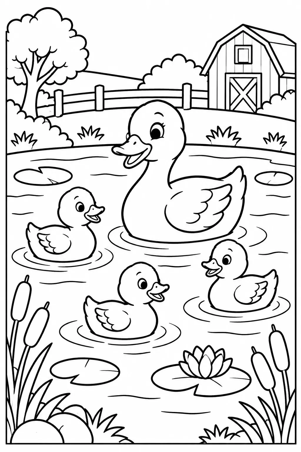Ducks swimming in a farm pond coloring page