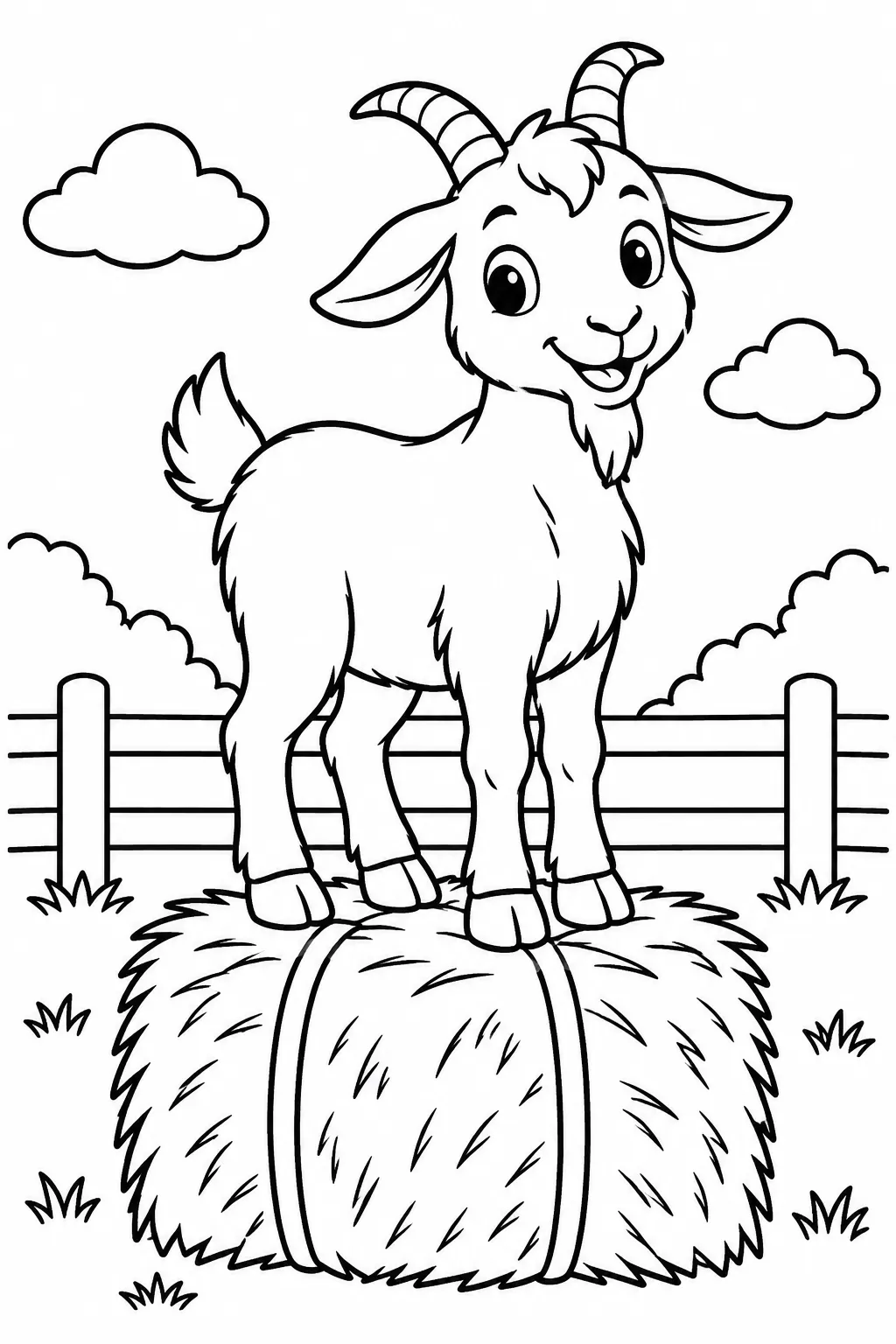 A goat standing on a hay bale coloring page