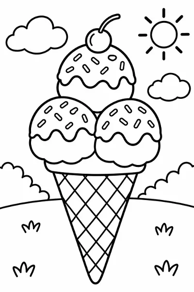 An ice cream cone with three scoops coloring page