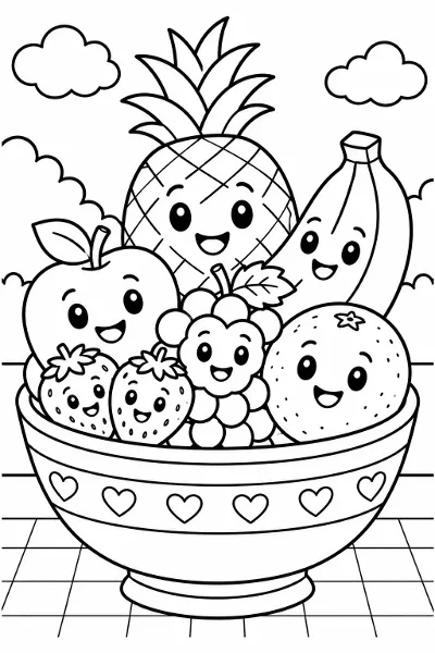 A bowl of fruit with smiling faces coloring page