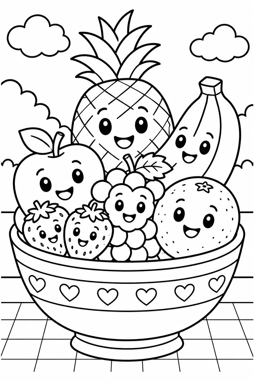 A bowl of fruit with smiling faces coloring page