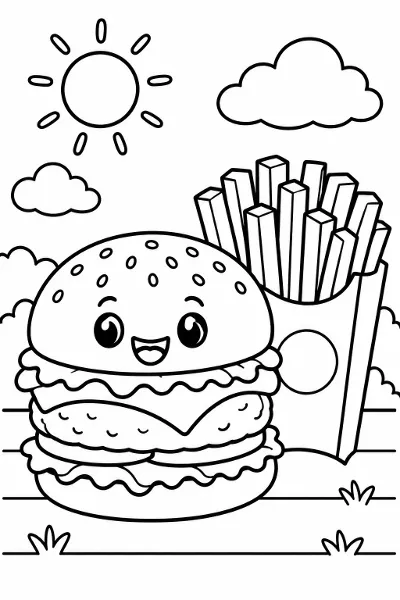 A hamburger and fries coloring page