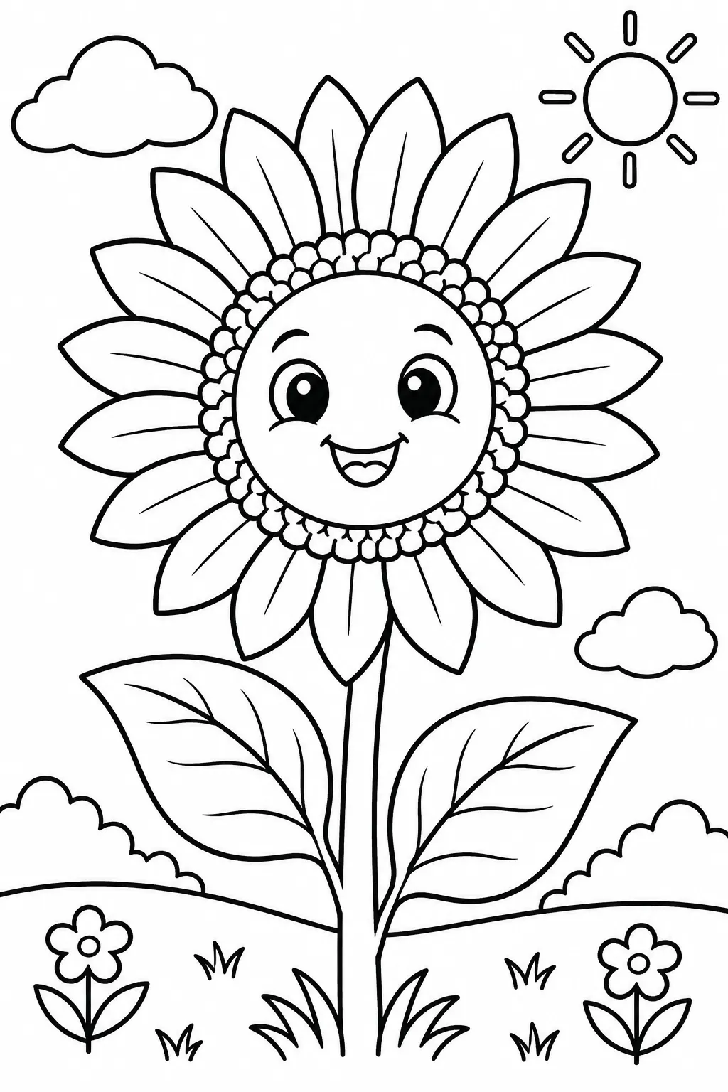 A big sunflower with a smiling face coloring page