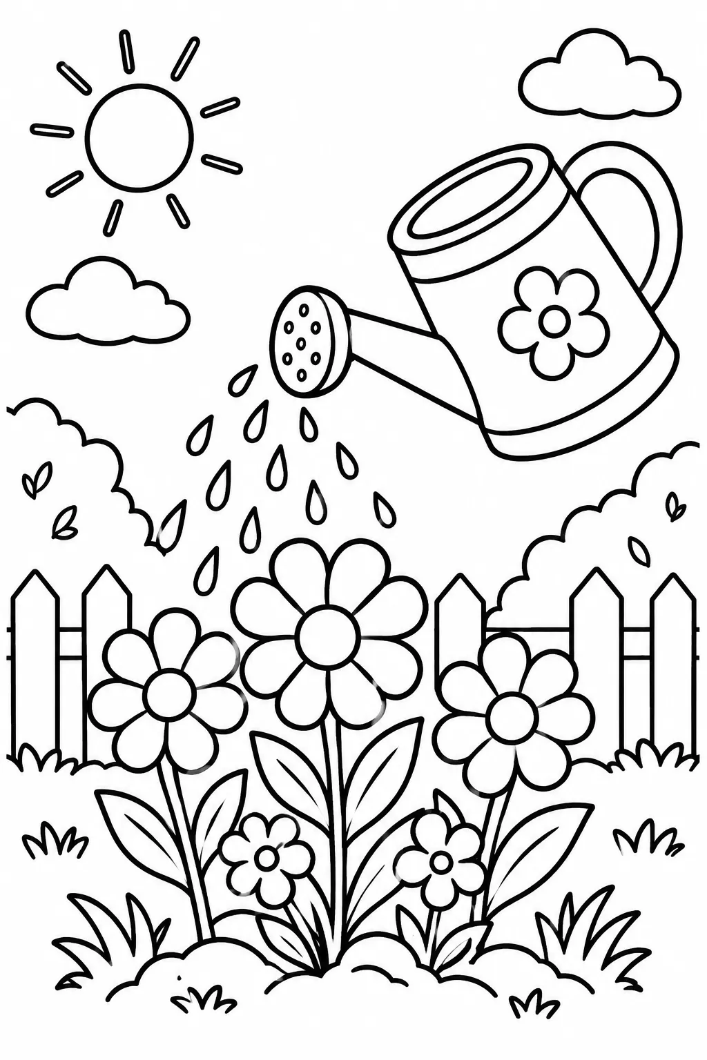 A watering can watering flowers coloring page