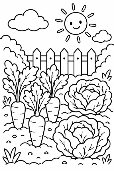 A vegetable garden with carrots and lettuce coloring page