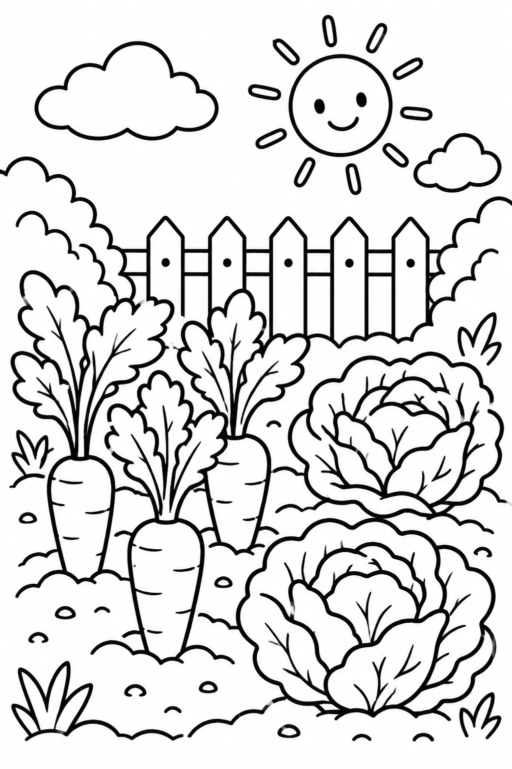 A vegetable garden with carrots and lettuce coloring page