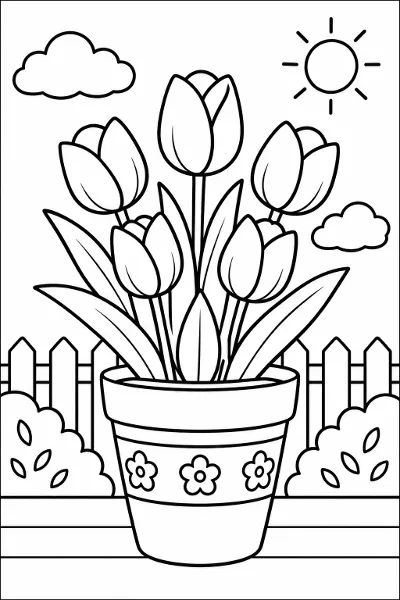 A flower pot with tulips coloring page
