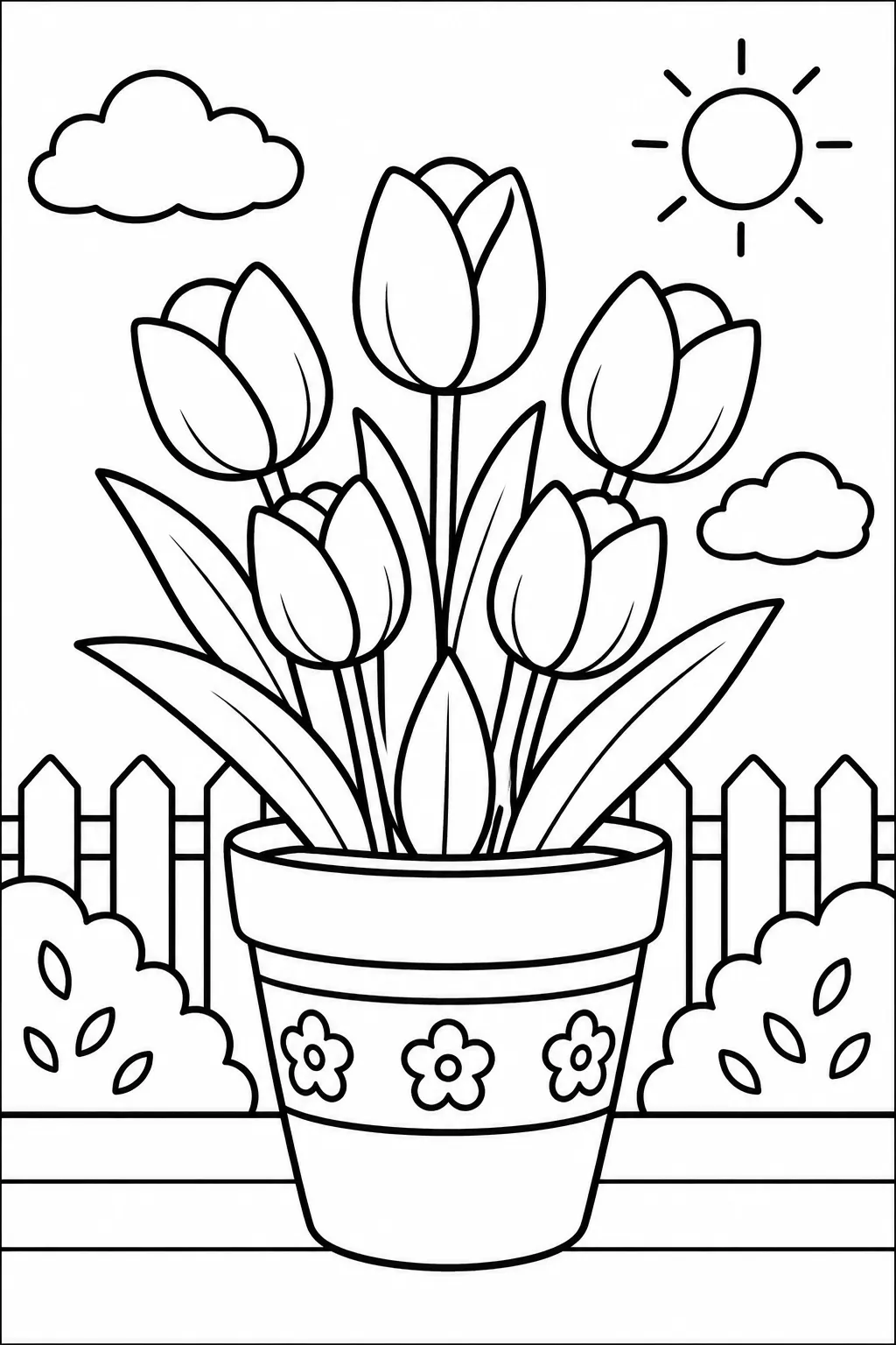 A flower pot with tulips coloring page