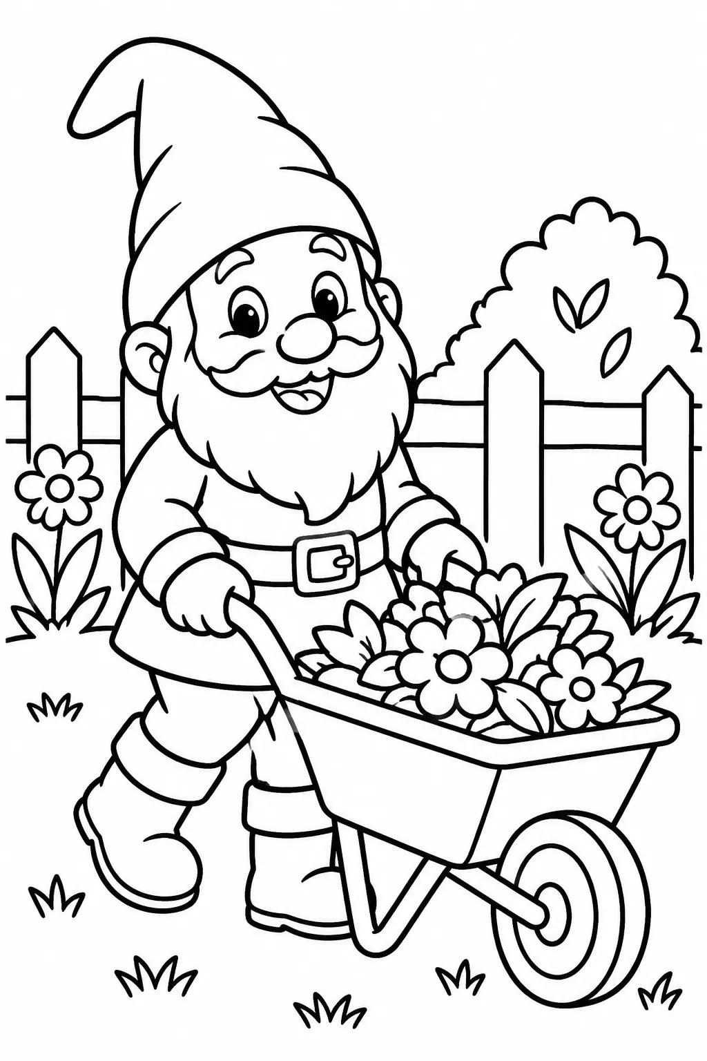 A garden gnome with a wheelbarrow coloring page