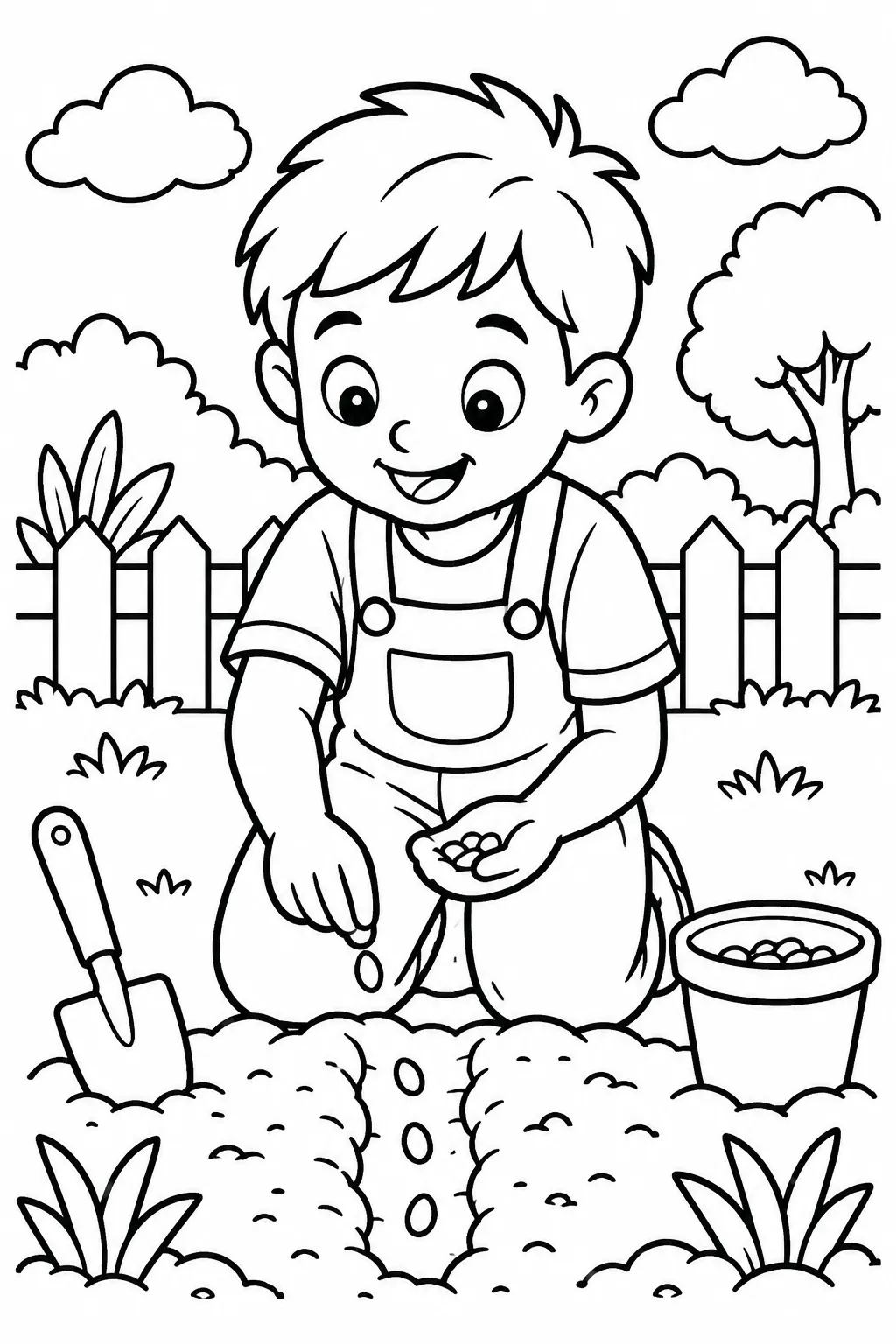 A kid planting seeds coloring page