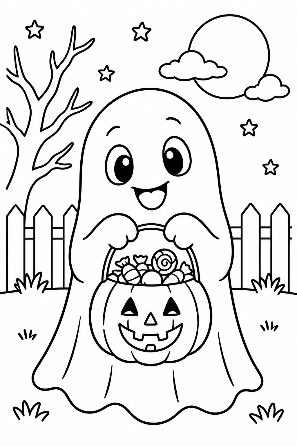 A cute ghost holding a candy bucket coloring page