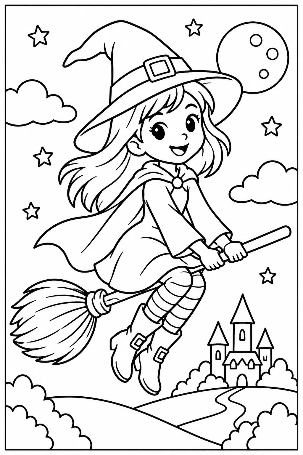 A friendly witch on a broomstick coloring page