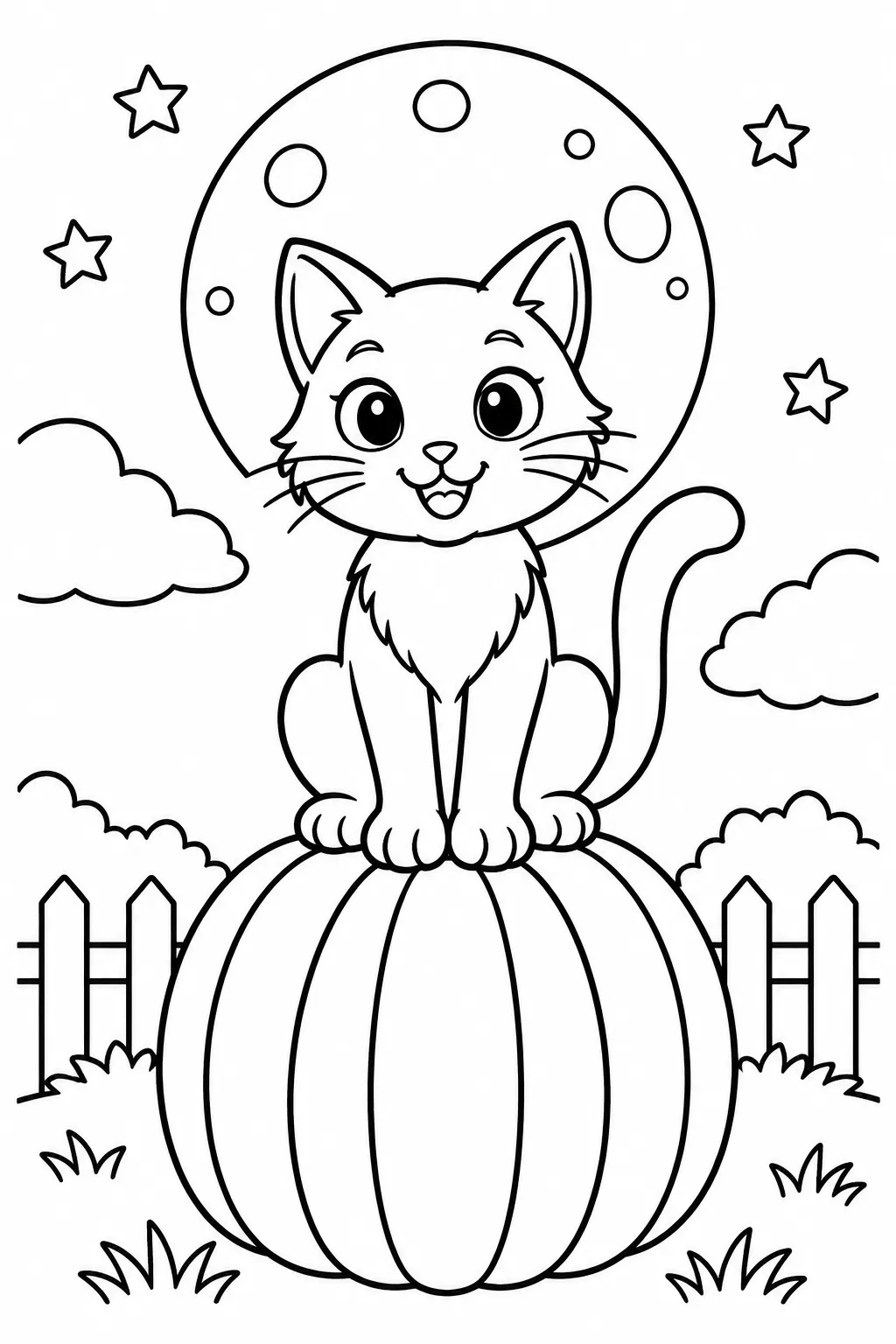 A black cat on a pumpkin under a full moon coloring page