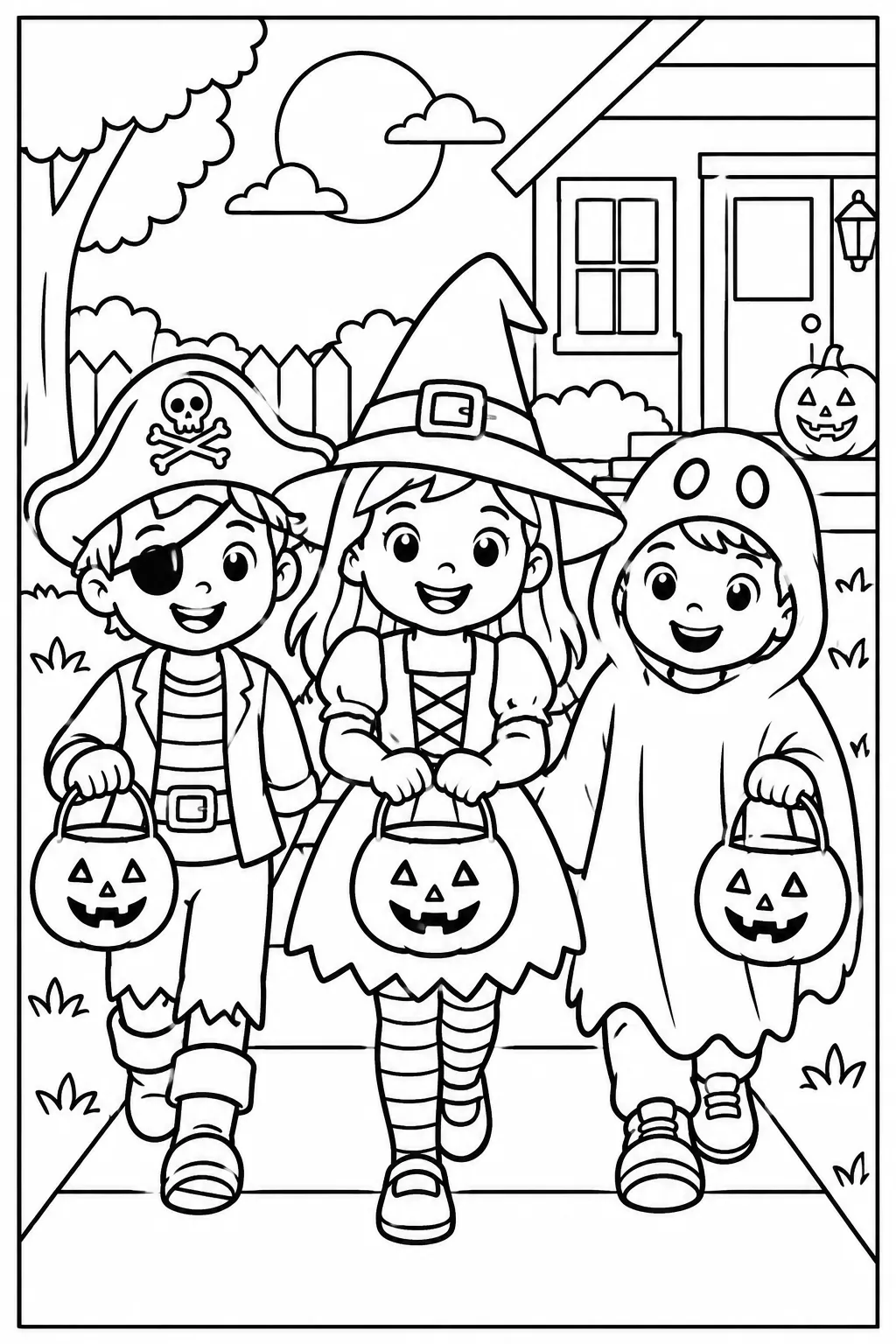 Kids trick-or-treating in costumes coloring page