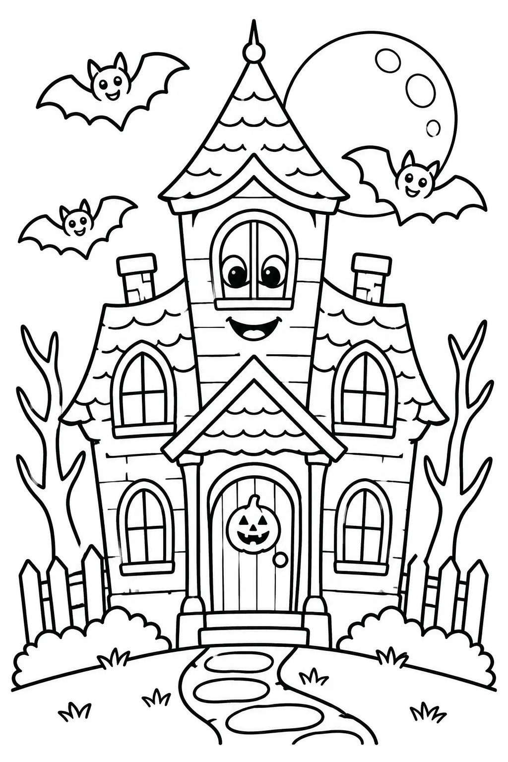 A friendly haunted house with bats coloring page