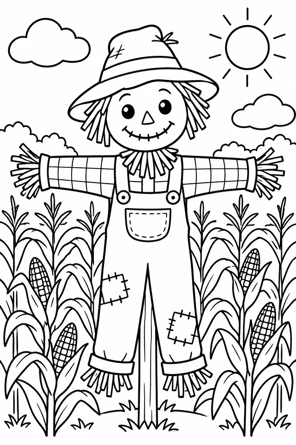 A scarecrow in a cornfield coloring page